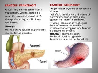 KANCERI I PANKERASIT
Kanceri në pankreas është tepër i
rrezikëshëm. Vetëm 5 përqind e
pacientëve mund të jetojnë për 5
vjet nga dita e diagnostikimit me
këtë kancer.
SHKAQET:
Mosha,duhanpirja,diabeti,pankreatit
i kronik, faktori gjenetik.
KANCERI I STOMAKUT
Tre janë llojet kryesore të kancerit në
stomak:
•Limfatik, janë kancere të indeve të
sistemit imunitar që ndonjëherë
gjendet në “muret” e stomakut.
•Tumori i stomakut zhvillohet nga
indet e “mureve të stomakut”.
•Tumoret kancerogjene janë tumoret
e qelizave të stomakut.
SHKAQET: anemi,infeksioni
helikobakter,faktori gjenetik,
kequshqyerja,ulcere ne stomak etj.
 