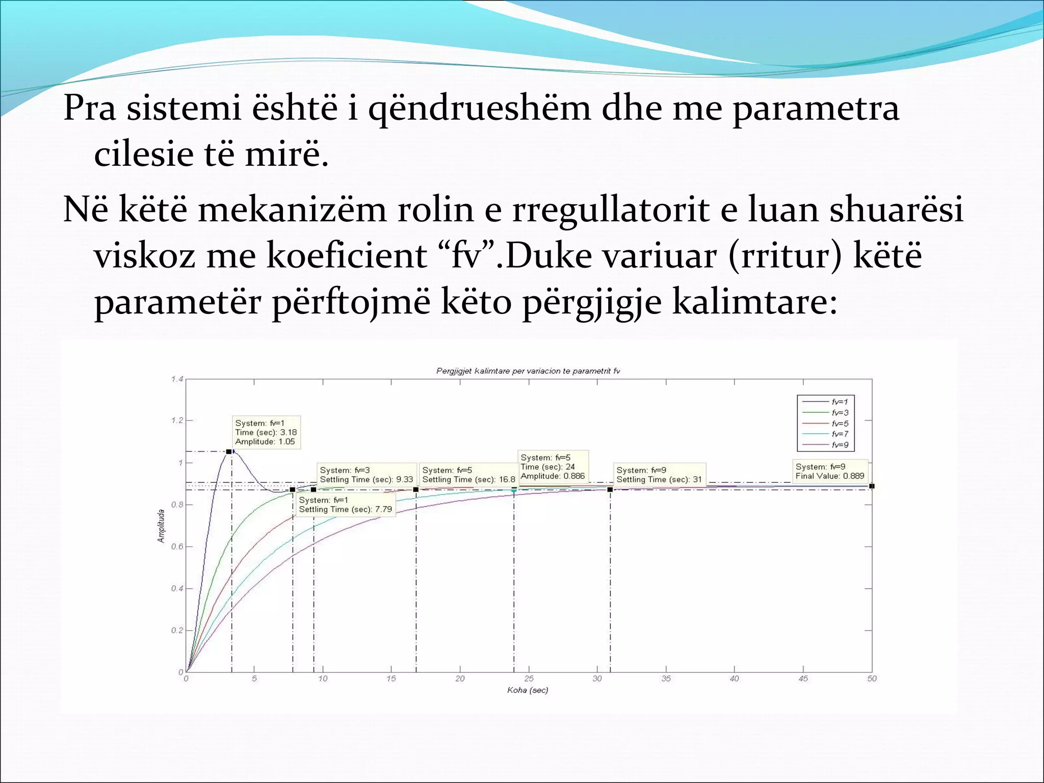 Pra sistemi është i qëndrueshëm dhe me parametra
  cilesie të mirë.
Në këtë mekanizëm rolin e rregullatorit e luan shuarësi
  viskoz me koeficient “fv”.Duke variuar (rritur) këtë
  parametër përftojmë këto përgjigje kalimtare:
 