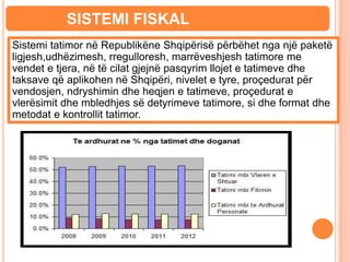 Sistemi tatimor në Republikëne Shqipërisë përbëhet nga një paketë
ligjesh,udhëzimesh, rregulloresh, marrëveshjesh tatimore me
vendet e tjera, në të cilat gjejnë pasqyrim llojet e tatimeve dhe
taksave që aplikohen në Shqipëri, nivelet e tyre, proçedurat për
vendosjen, ndryshimin dhe heqjen e tatimeve, proçedurat e
vlerësimit dhe mbledhjes së detyrimeve tatimore, si dhe format dhe
metodat e kontrollit tatimor.
SISTEMI FISKAL
 