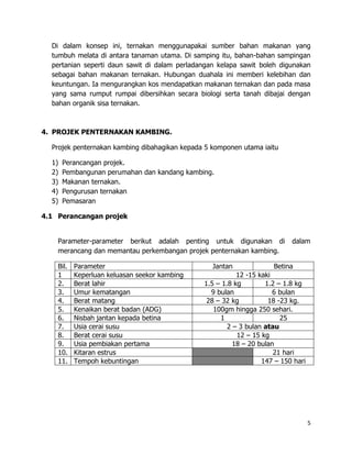 Di dalam konsep ini, ternakan menggunapakai sumber bahan makanan yang
  tumbuh melata di antara tanaman utama. Di samping itu, bahan-bahan sampingan
  pertanian seperti daun sawit di dalam perladangan kelapa sawit boleh digunakan
  sebagai bahan makanan ternakan. Hubungan duahala ini memberi kelebihan dan
  keuntungan. Ia mengurangkan kos mendapatkan makanan ternakan dan pada masa
  yang sama rumput rumpai dibersihkan secara biologi serta tanah dibajai dengan
  bahan organik sisa ternakan.



4. PROJEK PENTERNAKAN KAMBING.

  Projek penternakan kambing dibahagikan kepada 5 komponen utama iaitu

  1)   Perancangan projek.
  2)   Pembangunan perumahan dan kandang kambing.
  3)   Makanan ternakan.
  4)   Pengurusan ternakan
  5)   Pemasaran

4.1 Perancangan projek


    Parameter-parameter berikut adalah penting untuk digunakan di          dalam
    merancang dan memantau perkembangan projek penternakan kambing.

    Bil.   Parameter                              Jantan             Betina
    1      Keperluan keluasan seekor kambing              12 -15 kaki
    2.     Berat lahir                         1.5 – 1.8 kg        1.2 – 1.8 kg
    3.     Umur kematangan                       9 bulan              6 bulan
    4.     Berat matang                         28 – 32 kg          18 -23 kg.
    5.     Kenaikan berat badan (ADG)             100gm hingga 250 sehari.
    6.     Nisbah jantan kepada betina              1                   25
    7.     Usia cerai susu                             2 – 3 bulan atau
    8.     Berat cerai susu                               12 – 15 kg
    9.     Usia pembiakan pertama                        18 – 20 bulan
    10.    Kitaran estrus                                             21 hari
    11.    Tempoh kebuntingan                                     147 – 150 hari




                                                                                   5
 