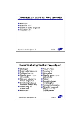 Dokument att granska: Före projektet
n Förstudie
n Business case
n Beslut att starta projektet
n Projektdirektiv

Projektkonsult Håkan Sjöholm AB

Sida 9

Dokument att granska: Projektplan
n Strategier
n Organisationsschema
n Rollbeskrivningar
n Plan för hantering av
intressenter
n Mål samt prioritering
mellan projektmål
n Omfattning inklusive
arbetsstruktur (WBS)
n Beskrivning av
arbetspaket
n Resursplan

Projektkonsult Håkan Sjöholm AB

n Ansvarsmatris
n Resursavtal
n Inköpsplan
n Plan för hantering av
osäkerheter
n Tidplan
n Budget inklusive
likviditetsplan
n Kommunikationsplan
n Förutsättningar och
antaganden för
projektplanen

Sida 10

 