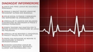 DIAGNOZAT INFERMIERORE
1) ANKTH DHE FRIKE LIDHUR ME DEKURSIN E
SEMUNDJES.
2) PRISHJE E IMAZHIT TRUPOR LIDHUR ME
INFEKSIONET KUTANE DHE MUKOZALE.
3) IZOLIM SOCIAL SI PASOJE E SEMUNDJES
OSE NDRYSHIMIT NE APARIENCEN FIZIK.
4) CRREGULLIM TE LIKIDEVE DHE BALANCES
ELEKTROLITIKE NE ORGANIZEM SI PASOJE E
DIARRES PERSISTENTE.
5) DOBESI TRUPORE DHE PAAFTESI PER TE
KRYERE AKTIVITETE E PERDITSHME NE LIDHJE
ME PNEUMONIN.
6) CRREGULLIM NE MENYREN E USHQYERJES,
SI PASOJE E NAUZEZ DHE TE VJELLAVE.
7) PRIRJE PER INFEKSIONE NE MENYRE TE
VAZHDUESHME SI PASOJE E
IMUNODEFICIENCES
8) MUNGESE NJOHURISH LIDHUR ME
PROCESIN E SEMUNDJES, MENYREN E
KUJDESIT DHE PARANDALIMIN E SAJ
 