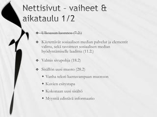 Nettisivut – vaiheet & aikataulu 1/2Ulkoasun luonnos (7.2.)Käytettävät sosiaalisen median palvelut ja elementit valittu, sekä tavoitteet sosiaalisen median hyödyntämiselle laadittu (11.2.)Valmis sivupohja (18.2)Sisällön uusi muoto (28.2)Vanha teksti luettavampaan muotoonKuvien esitystapaKokonaan uusi sisältöMyyntiä edistävä informaatio