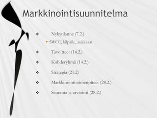 Markkinointisuunnitelma	Nykytilanne (7.2.)SWOT, kilpailu, asiakkaat	Tavoitteet (14.2.)	Kohderyhmä (14.2.)	Strategia (21.2)	Markkinointitoimenpiteet (28.2.)	Seuranta ja arviointi (28.2.)