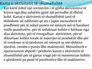 Karta e aktivitetit të shumëfishtë
 Kjo kartë është një rexhistrim i të gjitha aktiviteteve të
kryera nga disa subjekte gjatë një periudhe të dhënë
kohë. Kartat e aktivitetit të shumëfishtë janë të
dobishme në ndihmën që ato i japin menaxherit të
prodhimit për të ndarë punën në mënyrë më të barabart
midis punëtorëve, për të reduktuar kohën e kërkuar nga
disa aktivitete, për të rirregulluar aktivitetet, për të
shkurtuar kohën totale të nxjerrjes së produktit dhe për
të vendosur si të përdoren në mënyrë sa më efektive
njerëzit, vendet e punës dhe makineritë. Menaxherët e
operacioneve shpesh i përdorin kartat e aktivitetit të
shumëfishtë për të gjetur rrugë për të minimizuar kohën
e qëndrimit pa punë të punëtorëve dhe të makinerive.
 