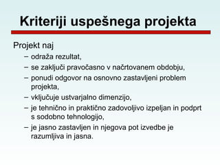 Kriteriji uspešnega projekta
Projekt naj
  – odraža rezultat,
  – se zaključi pravočasno v načrtovanem obdobju,
  – ponudi odgovor na osnovno zastavljeni problem
    projekta,
  – vključuje ustvarjalno dimenzijo,
  – je tehnično in praktično zadovoljivo izpeljan in podprt
    s sodobno tehnologijo,
  – je jasno zastavljen in njegova pot izvedbe je
    razumljiva in jasna.
 