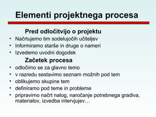 Elementi projektnega procesa
        Pred odločitvijo o projektu
• Načrtujemo tim sodelujočih učiteljev
• Informiramo starše in druge o nameri
• Izvedemo uvodni dogodek
        Začetek procesa
•   odločimo se za glavno temo
•   v razredu sestavimo seznam možnih pod tem
•   oblikujemo skupine tem
•   definiramo pod teme in probleme
•   pripravimo načrt nalog, naročanje potrebnega gradiva,
    materialov, izvedba intervjujev…
 