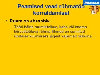 Peamised vead rühmatöö korraldamisel Ruum on ebasobiv. Tööd häirib ruumikitsikus, kahe või enama kõrvutitöötava rühma liikmed on sunnitud üksteise kuulmiseks järjest valjemalt rääkima. 