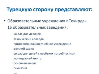 Образовательные учреждения г.Текирдак 1 5  образовательных заведения : школа для девочек технический колледж профессиональное учебное учреждение детский садик школа для детей с особыми потребностями молодежный центр основная школа гимназия … .. 