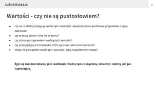● czy na co dzień postępuje wedle tych wartości? udowodnij to na podstawie przykładów z życia,
zachowań
● czy w pracy jestem inny niż w domu?
● czy dzisiaj postępowałem według tych wartości?
● czy pracuję/żyję w środowisku, które wyznaje takie same wartości?
● kiedy nie postąpiłem wedle tych wartości i jaką znalazłem wymówkę?
Żyje się znacznie łatwiej, jeśli rozdźwięk między tym co myślimy, mówimy i robimy jest jak
najmniejszy.
Wartości - czy nie są pustosłowiem?
20AUTOREFLEKSJA
 