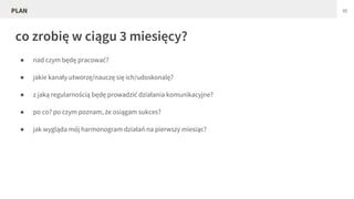 ● nad czym będę pracować?
● jakie kanały utworzę/nauczę się ich/udoskonalę?
● z jaką regularnością będę prowadzić działania komunikacyjne?
● po co? po czym poznam, że osiągam sukces?
● jak wygląda mój harmonogram działań na pierwszy miesiąc?
co zrobię w ciągu 3 miesięcy?
35PLAN
 