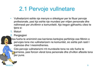 2.1 Pervoje vullnetare
• Vullnetarizmi eshte nje menyre e shkelqyer per te fituar pervoje
profesionale, pasi kjo eshte nje mundesi per rritjen personale dhe
ndihmesë per zhvillimin e komunitetit. Ajo tregon gjithashtu cilesi te
tjera si:
1. Maturi
2. Pergjegjesi
Disa fusha te arsimimit ose karrieres kerkojne perfshirje ose fillimin e
pervojes tone me vullnetarizem ne komunitet, sic eshte psh rasti I
mjeksise dhe I mesimdhenies.
• Cdo pervoje vullnetarizmi rrit mundesite tona ne cdo fushe te
karrieres, pasi forcon vlerat tona personale dhe zhvillon aftesite tona
per pune.
9/9/2013 9
 
