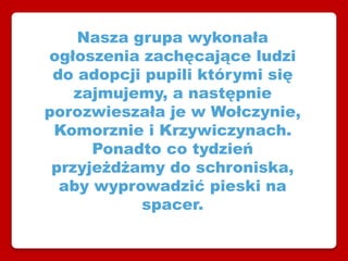 Nasza grupa wykonała
ogłoszenia zachęcające ludzi
do adopcji pupili którymi się
zajmujemy, a następnie
porozwieszała je w Wołczynie,
Komorznie i Krzywiczynach.
Ponadto co tydzień
przyjeżdżamy do schroniska,
aby wyprowadzić pieski na
spacer.
 