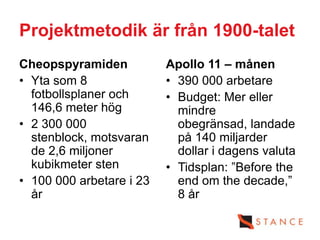 Projektmetodik är från 1900-talet
Cheopspyramiden           Apollo 11 – månen
• Yta som 8               • 390 000 arbetare
  fotbollsplaner och      • Budget: Mer eller
  146,6 meter hög           mindre
• 2 300 000                 obegränsad, landade
  stenblock, motsvaran      på 140 miljarder
  de 2,6 miljoner           dollar i dagens valuta
  kubikmeter sten         • Tidsplan: ”Before the
• 100 000 arbetare i 23     end om the decade,”
  år                        8 år
 