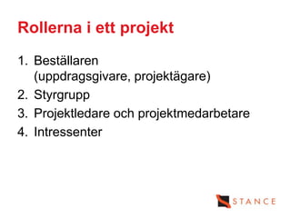 Rollerna i ett projekt
1. Beställaren
   (uppdragsgivare, projektägare)
2. Styrgrupp
3. Projektledare och projektmedarbetare
4. Intressenter
 