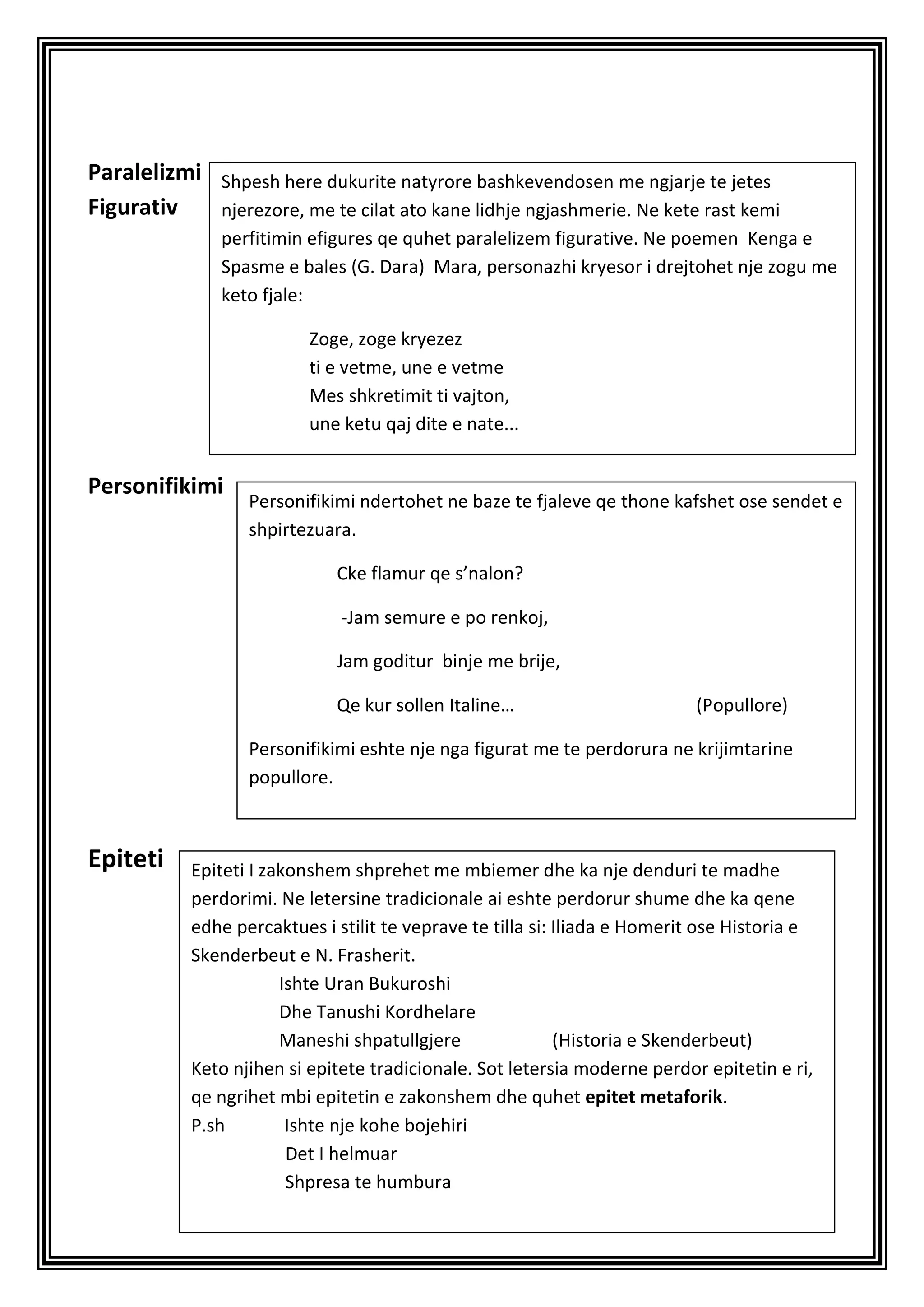 Paralelizmi Shpesh here dukurite natyrore bashkevendosen me ngjarje te jetes
Figurativ   njerezore, me te cilat ato kane lidhje ngjashmerie. Ne kete rast kemi
               perfitimin efigures qe quhet paralelizem figurative. Ne poemen Kenga e
               Spasme e bales (G. Dara) Mara, personazhi kryesor i drejtohet nje zogu me
               keto fjale:

                           Zoge, zoge kryezez
                           ti e vetme, une e vetme
                           Mes shkretimit ti vajton,
                           une ketu qaj dite e nate...


Personifikimi
                   Personifikimi ndertohet ne baze te fjaleve qe thone kafshet ose sendet e
                   shpirtezuara.

                              Cke flamur qe s’nalon?

                               -Jam semure e po renkoj,

                              Jam goditur binje me brije,

                              Qe kur sollen Italine…                        (Popullore)

                   Personifikimi eshte nje nga figurat me te perdorura ne krijimtarine
                   popullore.



Epiteti     Epiteti I zakonshem shprehet me mbiemer dhe ka nje denduri te madhe
            perdorimi. Ne letersine tradicionale ai eshte perdorur shume dhe ka qene
            edhe percaktues i stilit te veprave te tilla si: Iliada e Homerit ose Historia e
            Skenderbeut e N. Frasherit.
                        Ishte Uran Bukuroshi
                        Dhe Tanushi Kordhelare
                        Maneshi shpatullgjere                (Historia e Skenderbeut)
            Keto njihen si epitete tradicionale. Sot letersia moderne perdor epitetin e ri,
            qe ngrihet mbi epitetin e zakonshem dhe quhet epitet metaforik.
            P.sh         Ishte nje kohe bojehiri
                         Det I helmuar
                         Shpresa te humbura
 