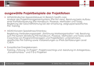 Dr. Stefan Fleck // Olaf Hinz – www.projektlotsen.bizKursbuch der Projektlotsen5
ausgewählte Projektbeispiele der Projektlotsen
Mittelständischer Apparatebauer im Bereich health care
Analyse des Projektmanagementsystems (PM first view), Beratung beim Aufbau
einer Portfoliosteuerung (PM Handbuch, Prozesse, Methoden und Tools),
Begleitung der Geschäftsführung bei der Umsetzung, zielgruppenspezifisches
PM- Training
MDAX-Konzern Spezialmaschinenbau
Begleitung Veränderungsprojekt „Einführung Matrixorganisation“ inkl. Beratung
zum PM-System (Erstellung PM-Handbuch, Prozesse, Methoden und Tools) sowie
Coaching von Programmmanagern und Projektleitern; unternehmens-
spezifisches PM-Training sowie Vorbereitungen zu IPMA-Zertifzierungen Level
C/B/A
Europäischer Energiekonzern
Training „Führung im Projekt“; Projektcoachings und -beratung im Anlagenbau,
„Konzernumbau“ und IT IS-U Projekten
 