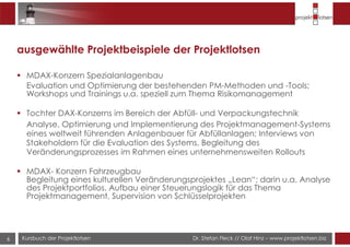Dr. Stefan Fleck // Olaf Hinz – www.projektlotsen.bizKursbuch der Projektlotsen6
ausgewählte Projektbeispiele der Projektl...