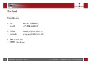 Dr. Stefan Fleck // Olaf Hinz – www.projektlotsen.bizSimulation – Führung im Projekt14
Kontakt
Projektlotsen
Tel. +49.40.32594629
Mobil +49.172.5622440
eMail info@projektlotsen.biz
website www.projektlotsen.biz
Stückenstr. 68
22081 Hamburg
 