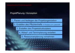 Aufgabenbereiche Projektmanagement
ProjektPlanung / Konzeption
1. Planen und festlegen der Projektorgansiation
2. Erstellen des Pflichtenhefts  Pendant zum Lastenheft
3. Erstellen des Projektstrukturplans
4. Ablauf- und Terminplanung erstellen
5. Ressourcenplanung vornehmen
August 2013 Dipl.-Kfm.(FH) Hans-Juergen Bruhn | Project Management 67
 