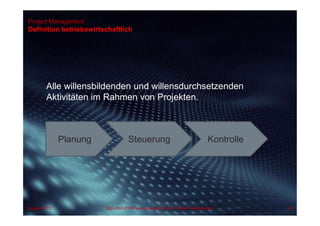 Project Management
Definition betriebswirtschaftlich
Alle willensbildenden und willensdurchsetzenden
Aktivitäten im Rahmen von Projekten.
Planung Steuerung Kontrolle
55Dipl.-Kfm.(FH) Hans-Juergen Bruhn | Project ManagementAugust 2013
 