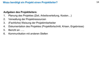 Wozu benötigt ein Projekt einen Projektleiter? 14
Aufgaben des Projektleiters:
1. Planung des Projektes (Zeit, Arbeitsverteilung, Kosten…)
2. Verwaltung der Projektressourcen
3. (Fachliche) Weisung der Projektmitarbeiter
4. Dokumentation des Projektes (Projektfortschritt, Krisen, Ergebnisse)
5. Bericht an …..
6. Kommunikation mit anderen Stellen
 