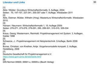 Literatur und Links 30
[1]
Abts / Mülder: Grundkurs Wirtschaftsinformatik, 5. Auflage, 2004:
Seiten: 70, 147-157, 337-341, 355-357 oder 7. Auflage, Wiesbaden 2011
[2]
Abts, Dietmar; Mülder, Wilhelm (Hrsg): Masterkurs Wirtschaftsinformatik. Wiesbaden
2010.
[3]
Hansen / Neumann: Wirtschaftsinformatik 1, 10. Auflage 2009:
Seiten: 270-271, 273-276, 279-291, 295, 299-301, 310-315, 329-334
[4]
Kraus, Georg; Westermann, Reinhold: Projektmanagement mit System. 3. Auflagen,
Gabler 1998
[5]
Schwarze, J.: Projektmanagement mit Netzplantechnik. 9.Auflage, Berlin 2006
[6]
Bunse, Christian; von Knethen, Antje: Vorgehensmodelle kompakt. 2. Auflage,
Heidelberg, 2008
[7]
Deutsche Gesellschaft für Projektmanagement e.V.
https://www.gpm-ipma.de/startseite.html
[8]
DIN Normen 69900, 69901-x, 69909-x (Beuth Verlag)
 