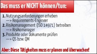 Das muss er NICHT können/tun:
1. Nutzungsanforderungen erheben 
—> Requirements-Engineer
2. Risikomanagement (ISO 14971) betreiben  
—> Risikomanager
3. Produkte oder Dokumente prüfen 
—> QS bzw. QM

Aber: Diese Tätigkeiten muss er planen und überwachen!

 