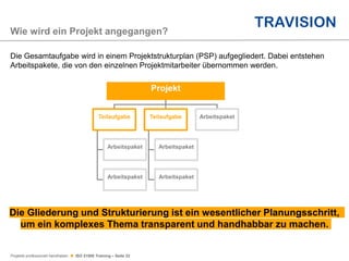 Projekte professionell handhaben  ISO 21500 Training – Seite 22
Die Gesamtaufgabe wird in einem Projektstrukturplan (PSP) aufgegliedert. Dabei entstehen
Arbeitspakete, die von den einzelnen Projektmitarbeiter übernommen werden.
Wie wird ein Projekt angegangen?
Projekt
Teilaufgabe
Arbeitspaket
Arbeitspaket
Teilaufgabe
Arbeitspaket
Arbeitspaket
Arbeitspaket
Die Gliederung und Strukturierung ist ein wesentlicher Planungsschritt,
um ein komplexes Thema transparent und handhabbar zu machen.
 