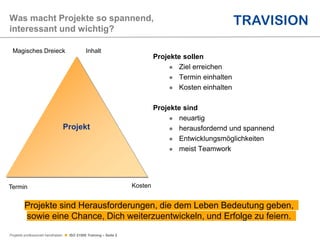 Projekte professionell handhaben  ISO 21500 Training – Seite 2
Projekte sollen
 Ziel erreichen
 Termin einhalten
 Kosten einhalten
Projekte sind
 neuartig
 herausfordernd und spannend
 Entwicklungsmöglichkeiten
 meist Teamwork
Was macht Projekte so spannend,
interessant und wichtig?
Projekt
Projekte sind Herausforderungen, die dem Leben Bedeutung geben,
sowie eine Chance, Dich weiterzuentwickeln, und Erfolge zu feiern.
Magisches Dreieck Inhalt
Termin Kosten
 
