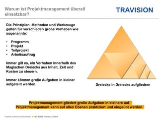 Projekte professionell handhaben  ISO 21500 Training – Seite 5
Dreiecke in Dreiecke aufgliedern
Warum ist Projektmanagement überall
einsetzbar?
Die Prinzipien, Methoden und Werkzeuge
gelten für verschieden große Vorhaben wie
sogenannte:
• Programm
• Projekt
• Teilprojekt
• Arbeitsauftrag
Immer gilt es, ein Vorhaben innerhalb des
Magischen Dreiecks aus Inhalt, Zeit und
Kosten zu steuern.
Immer können große Aufgaben in kleiner
aufgeteilt werden.
Projektmanagement gliedert große Aufgaben in kleinere auf.
Projektmanagement kann auf allen Ebenen praktiziert und eingeübt werden.
 