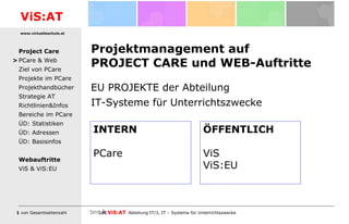 Projektmanagement auf PROJECT CARE und WEB-Auftritte ,[object Object],[object Object],> INTERN PCare ÖFFENTLICH ViS  ViS:EU 