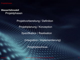 Dipl.-Kfm.(FH) Hans-Juergen Bruhn | Project Management
Projektphasen
Wasserfallmodell
22August 2013
Projektphasen
Projektvorbereitung / Definition
Projektplanung / Konzeption
Spezifikation / Realisation
(Integration / Implementierung)
Projektabschluss
 