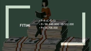 FITIMI
• P=R-(C+G+S)
• P= 58.240.000 -19.532.000
• P= 38.708.000
 