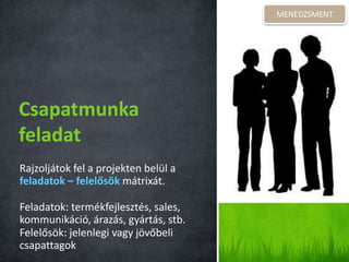 Rajzoljátok fel a projekten belül a
feladatok – felelősök mátrixát.
Feladatok: termékfejlesztés, sales,
kommunikáció, árazás, gyártás, stb.
Felelősök: jelenlegi vagy jövőbeli
csapattagok
Csapatmunka
feladat
MENEDZSMENT
 