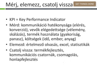 Mérj, elemezz, csatolj vissza
• KPI = Key Performance Indicator
• Mérd: kommunikáció hatékonysága (elérés,
konverzió), vevők elégedettsége (vélemény,
skálázás), termék használata (gyakoriság,
panasz), költségek (idő, ember, anyag)
• Elemezd: értelmező olvasás, excel, statisztikák
• Csatolj vissza: termékfejlesztés,
kommunikációs csatornák, csomagolás,
honlapfejlesztés
GET THINGS DONE
 