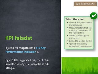 Írjatok fel magatoknak 3-5 Key
Performance Indicator-t.
Egy jó KPI: egyértelmű, mérhető,
kulcsfontosságú, visszajelzést ad,
átfogó.
KPI feladat
GET THINGS DONE
 
