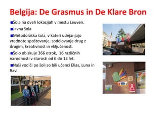 Belgija: De Grasmus in De Klare Bron
Šola na dveh lokacijah v mestu Leuven.
Javna šola
Metodološka šola, v kateri udejanjajo
vrednote spoštovanje, sodelovanje drug z
drugim, kreativnost in vključenost.
Šolo obiskuje 366 otrok, 16 različnih
narodnosti v starosti od 6 do 12 let.
Naši vodiči po šoli so bili učenci Elias, Luna in
Ravi.
 