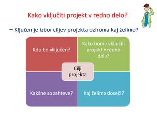 Kako vključiti projekt v redno delo?
– Ključen je izbor ciljev projekta oziroma kaj želimo?
 