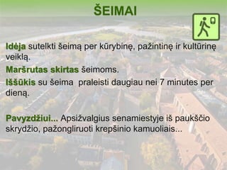 ŠEIMAI 
Idėja sutelkti šeimą per kūrybinę, pažintinę ir kultūrinę 
veiklą. 
Maršrutas skirtas šeimoms. 
Iššūkis su šeima praleisti daugiau nei 7 minutes per 
dieną. 
Pavyzdžiui... Apsižvalgius senamiestyje iš paukščio 
skrydžio, pažongliruoti krepšinio kamuoliais... 
 