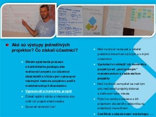 11
PM pre HR profesionálov Basic
Aké sú výstupy jednotlivých
projektov? Čo získali účastníci?
♦ Okrem spoznania procesu
a konkrétneho postupu ako
realizovať projekt, sa účastníci
oboznámili s kľúčovými vybranými
nástrojmi riadenia projektov podľa
medzinárodných štandardov.
♦ Vypracovali si konkrétny projekt
♦ Získali spätnú väzbu a inšpiráciu ako
robiť ich projekt efektívnejšie
♦ Spoznali skvelých ľudí
♦ Mali možnosť načerpať a zdieľať
praktické know-how od iných a s inými
účastníkmi
♦ Vyskúšali si obhájiť ich konkrétny
projekt pred „pomyselným“
manažmentom a zadávateľom
projektu
♦ Mali možnosť zamyslieť sa nad tým
ako realizovali projekty doteraz
a definovať úzke miesta
♦ Pýtať sa otázky súvisiace s ich
projektom skúseného odborníka na
projektový manažment
♦ Certifikát o absolvovaní workshopu
 