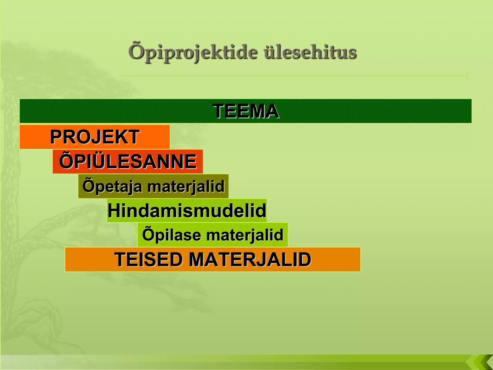 TEEMA PROJEKT ÕPIÜLESANNE Hindamismudelid Õpetaja materjalid Õpilase materjalid TEISED MATERJALID 