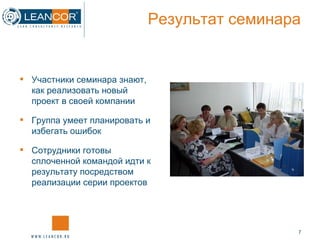 Результат семинара Участники семинара знают, как реализовать новый проект в своей компании Группа умеет планировать и избегать ошибок Сотрудники готовы сплоченной командой идти к результату посредством реализации серии проектов 