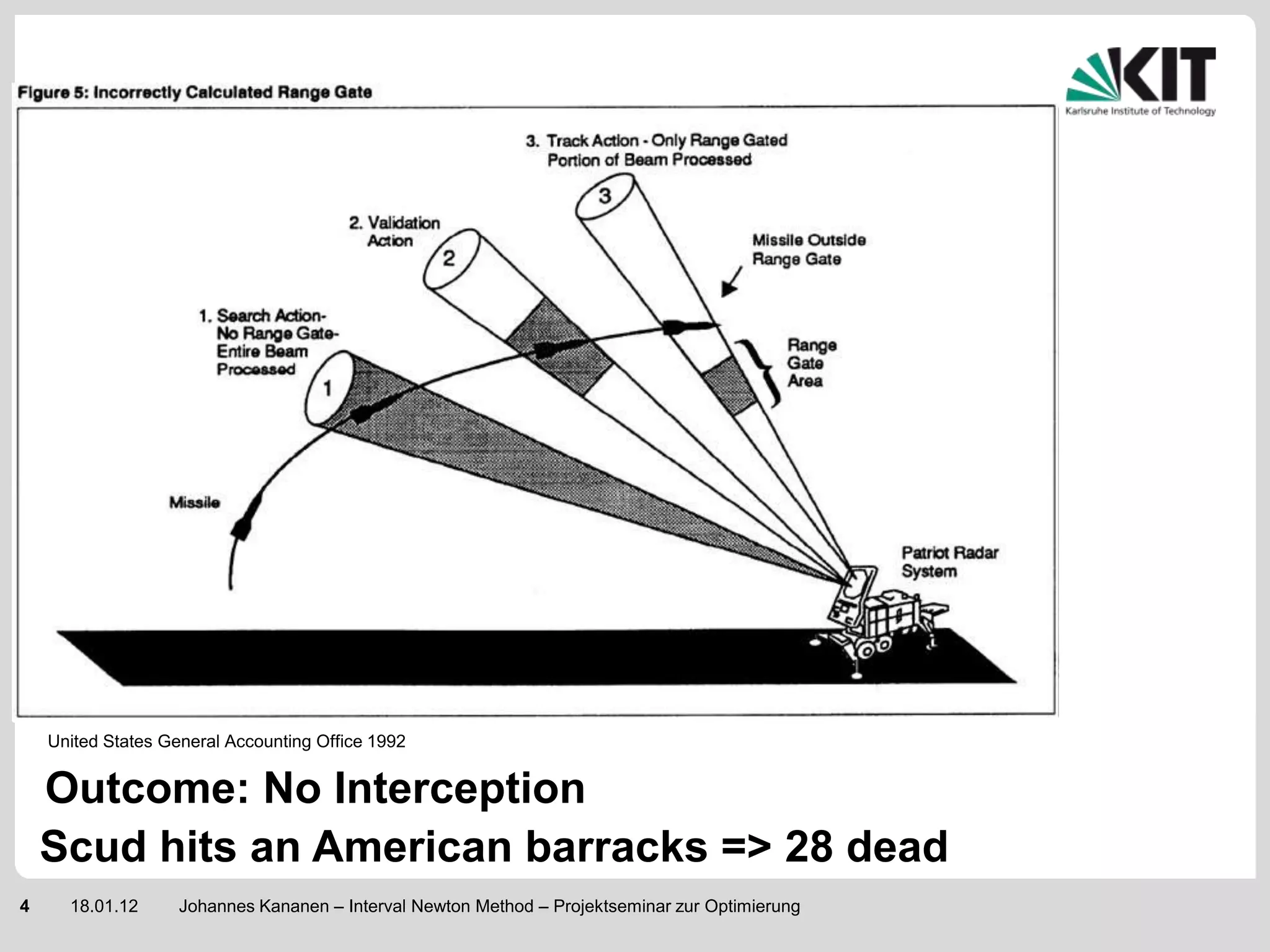 United States General Accounting Office 1992


    Outcome: No Interception
    Scud hits an American barracks => 28 dead
4     18.01.12      Johannes Kananen – Interval Newton Method – Projektseminar zur Optimierung
 