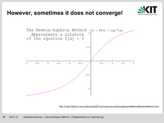 However, sometimes it does not converge!




                                                 http://math.fullerton.edu/mathews/a2001/animations/rootfinding/NewtonMethod/NewtonMethod.html



10   18.01.12   Johannes Kananen – Interval Newton Method – Projektseminar zur Optimierung
 
