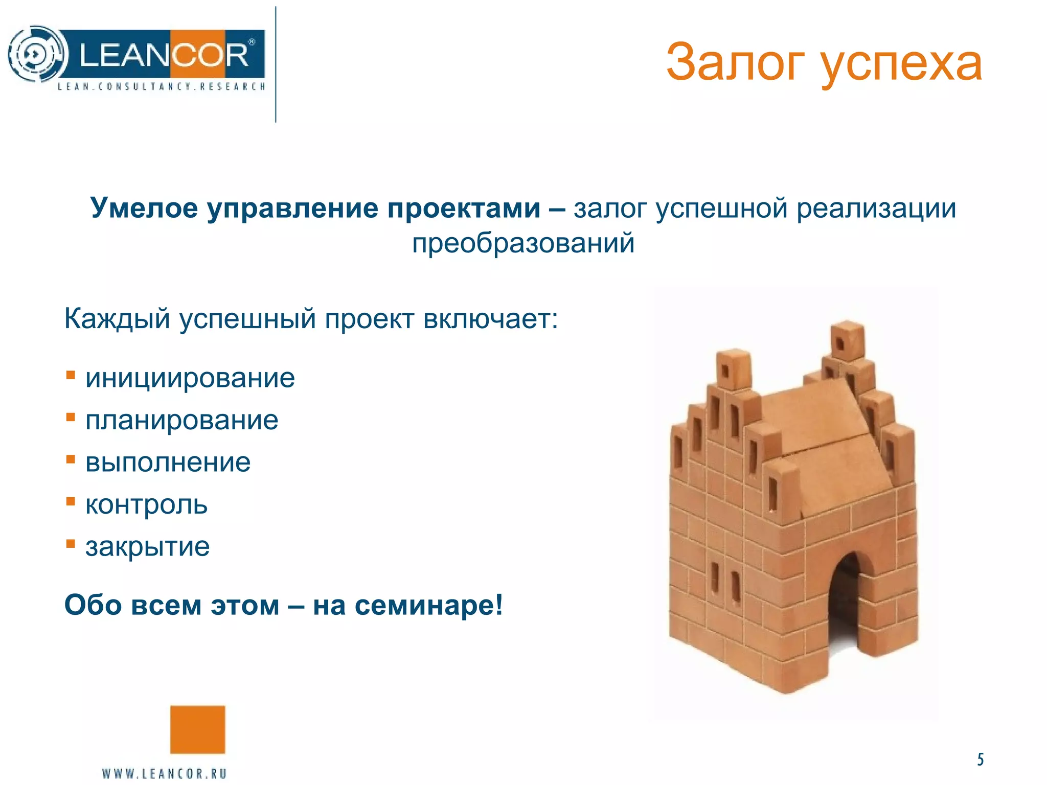Залог успеха Умелое управление проектами –  залог успешной реализации преобразований Каждый успешный проект включает: инициирование планирование выполнение контроль закрытие Обо всем этом – на семинаре! 