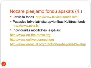Nozarē pieejamo fondu apskats (4.) Latviešu fonds  http://www.latviesufonds.info/   Pasaules brīvo latviešu apvienības Kultūras fonds  http://www.pbla.lv/   Individuālās mobilitātes iespējas: http://www.on-the-move.org http://www.gulliverconnect.org   http://www.eurocult.org/grants/step-beyond-travel-grants     