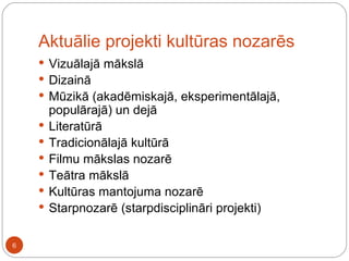 Aktuālie projekti kultūras nozarēs Vizuālajā mākslā Dizainā Mūzikā (akadēmiskajā, eksperimentālajā, populārajā) un dejā Literatūrā Tradicionālajā kultūrā Filmu mākslas nozarē Teātra mākslā Kultūras mantojuma nozarē Starpnozarē (starpdisciplināri projekti) 