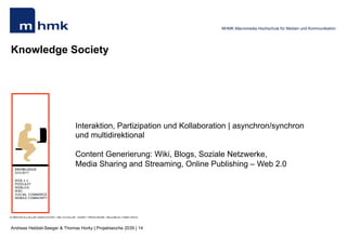 Andreas Hebbel-Seeger & Thomas Horky | Projektwoche 2039 | 14
MHMK Macromedia Hochschule für Medien und Kommunikation
Knowledge Society
Interaktion, Partizipation und Kollaboration | asynchron/synchron
und multidirektional
Content Generierung: Wiki, Blogs, Soziale Netzwerke,
Media Sharing and Streaming, Online Publishing – Web 2.0
 