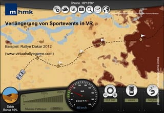 Andreas Hebbel-Seeger & Thomas Horky | Projektwoche 2039 | 20
MHMK Macromedia Hochschule für Medien und Kommunikation
(Screenshot:VirtualRallyGame.com)
MHMK Macromedia Hochschule für Medien und Kommunikation
Verlängerung von Sportevents in VR
Beispiel: Rallye Dakar 2012
(www.virtualrallyegame.com)
 